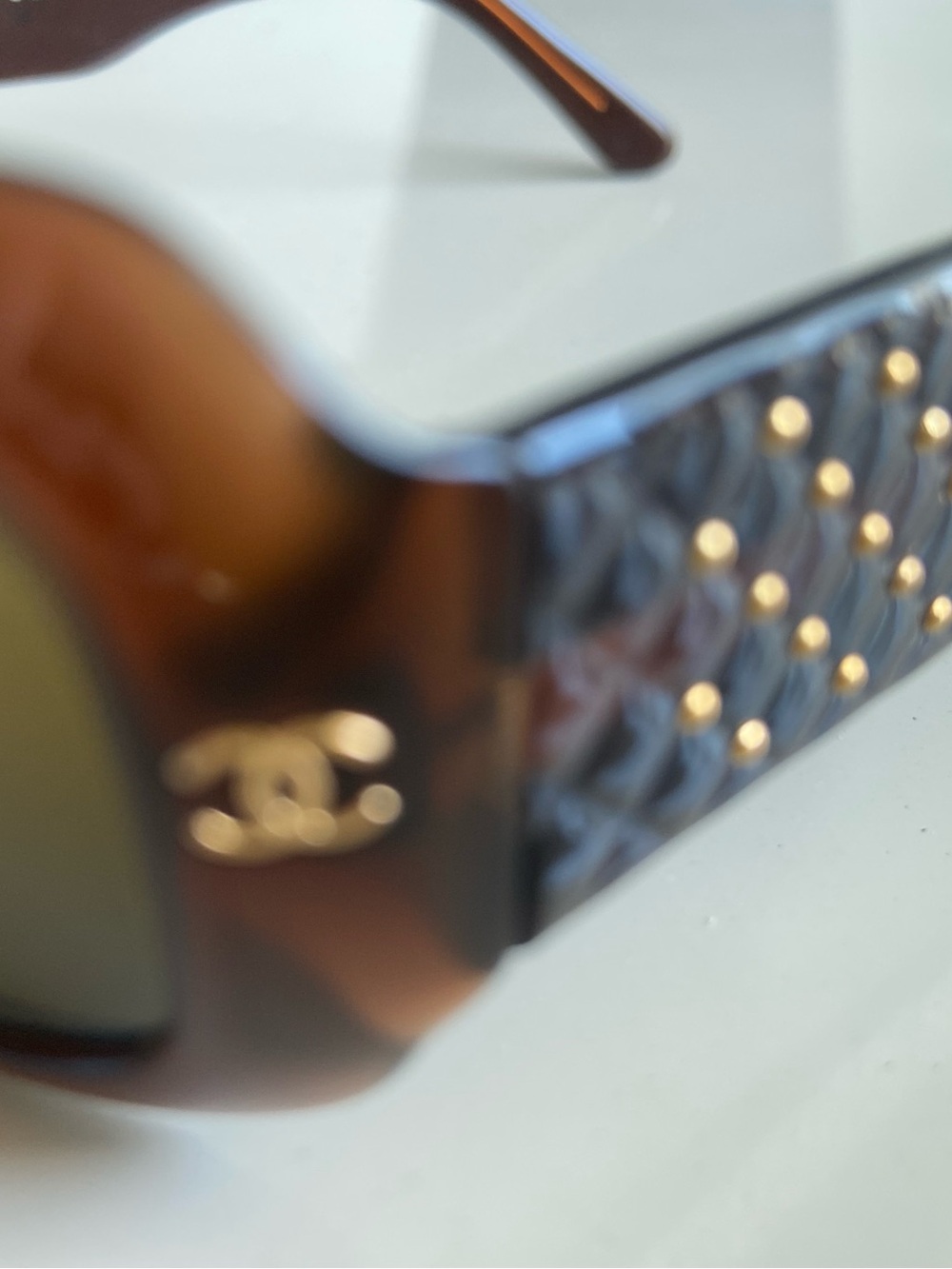 CHANEL  Rectangular Sunglasses in Brown Tortoiseshell with gold studs on arms